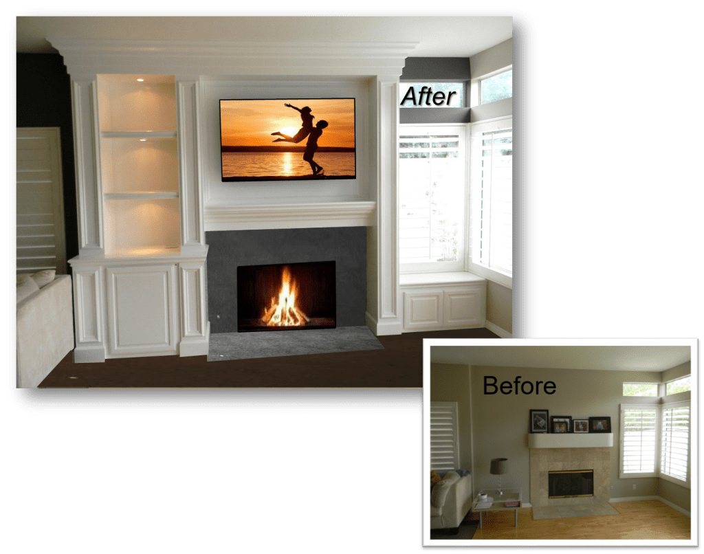 A before and after picture of a fireplace in the corner.