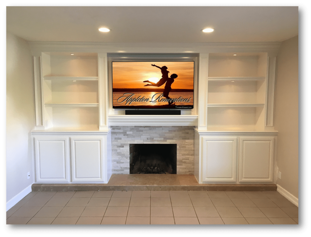 A flat screen tv mounted above a fireplace.