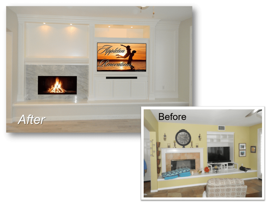 A before and after picture of a fireplace in the living room.