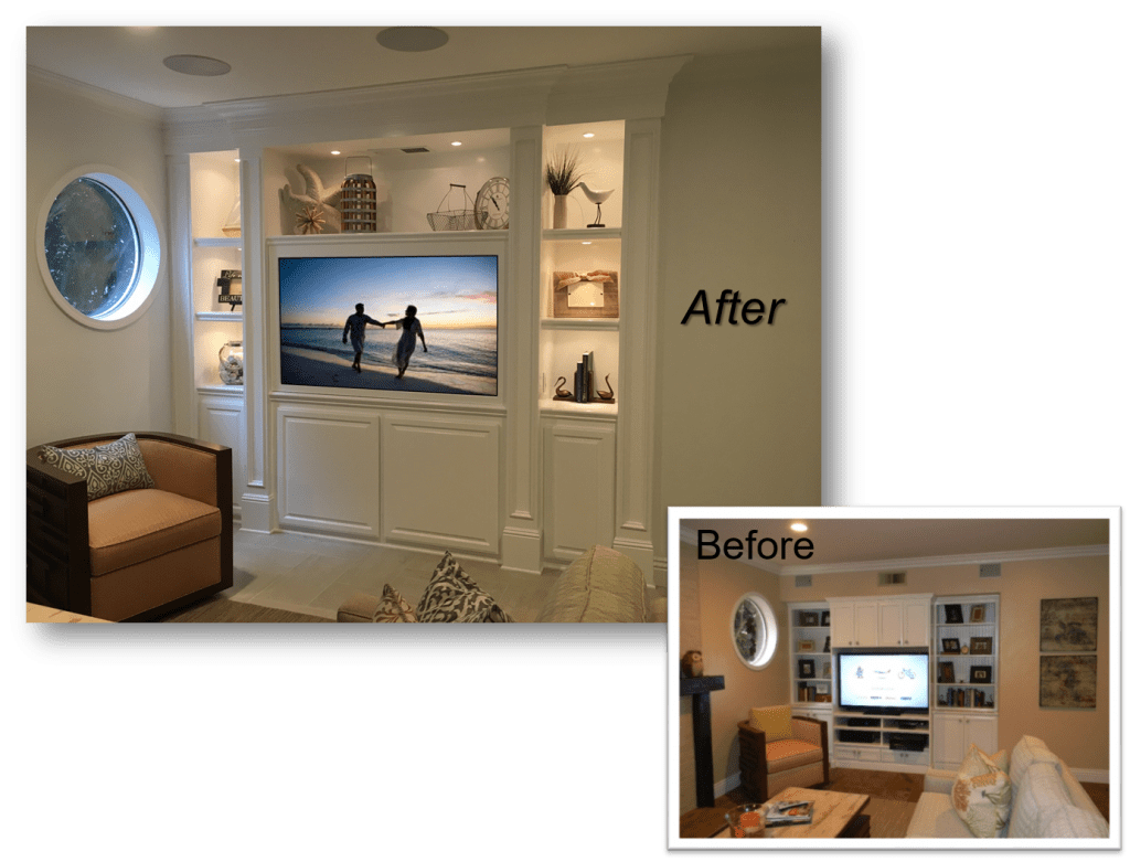 A before and after picture of a living room with a television.