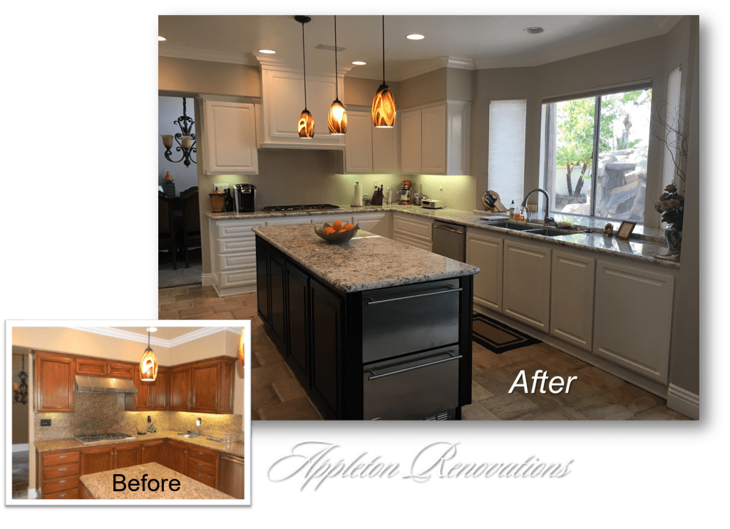 A kitchen with an island and counter top before and after remodeling.