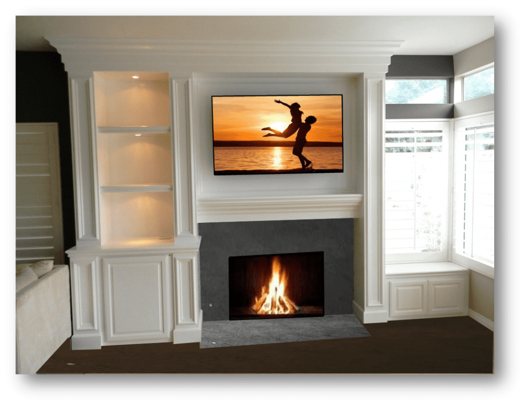 A living room with a fireplace and television.