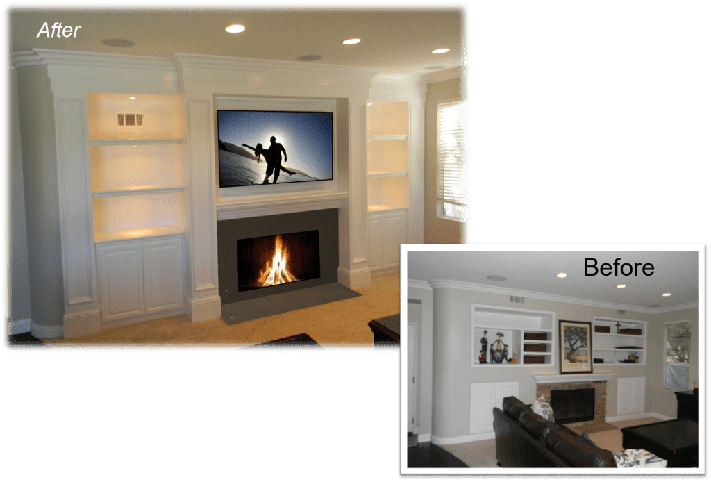 A living room with a fireplace and a television.