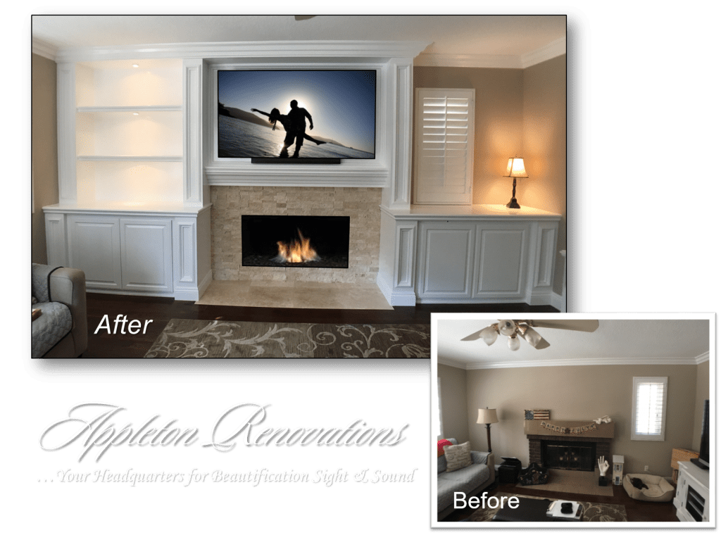 A before and after picture of a living room with fireplace.