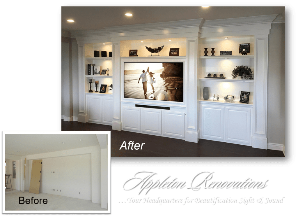 A before and after picture of the entertainment center.