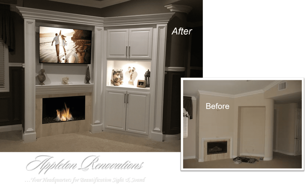 A before and after picture of the fireplace in the living room.