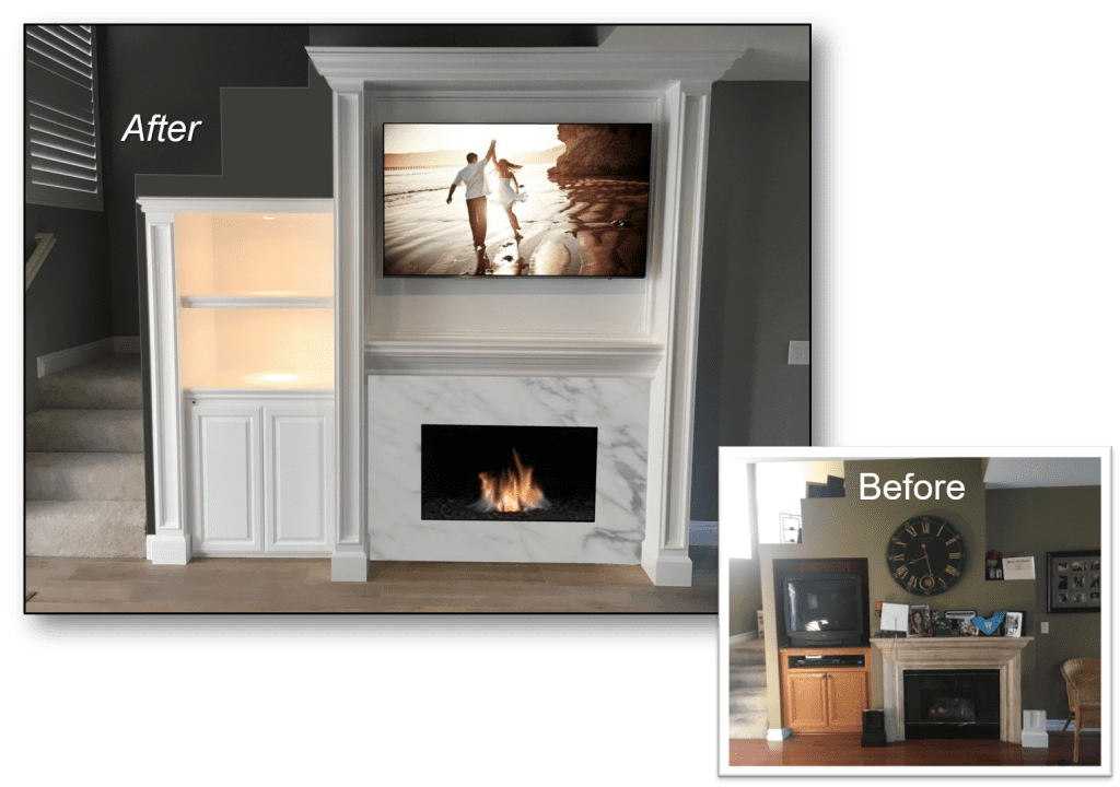 A fireplace with a television above it and a tv on the wall.