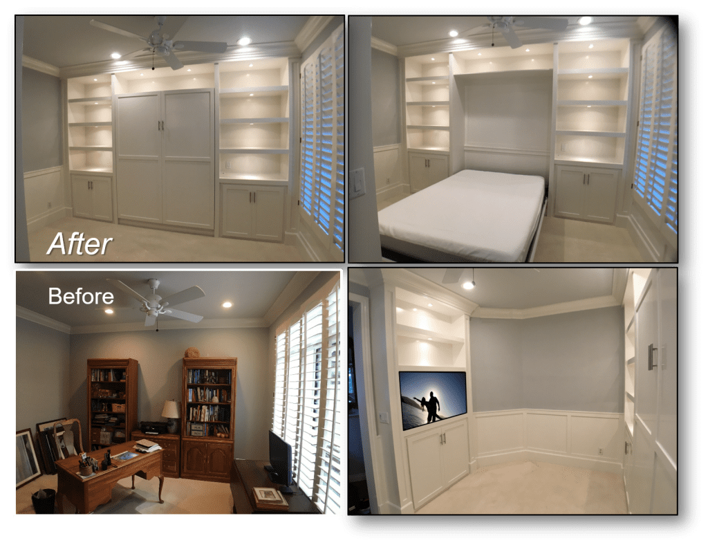 A before and after photo of a bedroom with built in bookshelves.