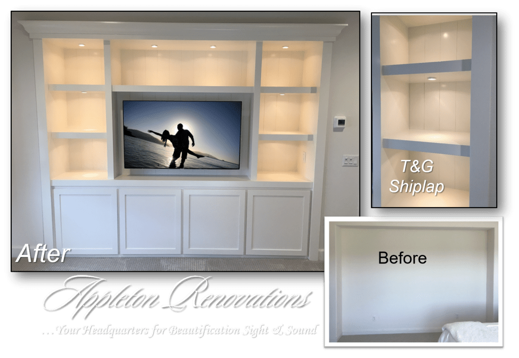 A before and after picture of a built in entertainment center.