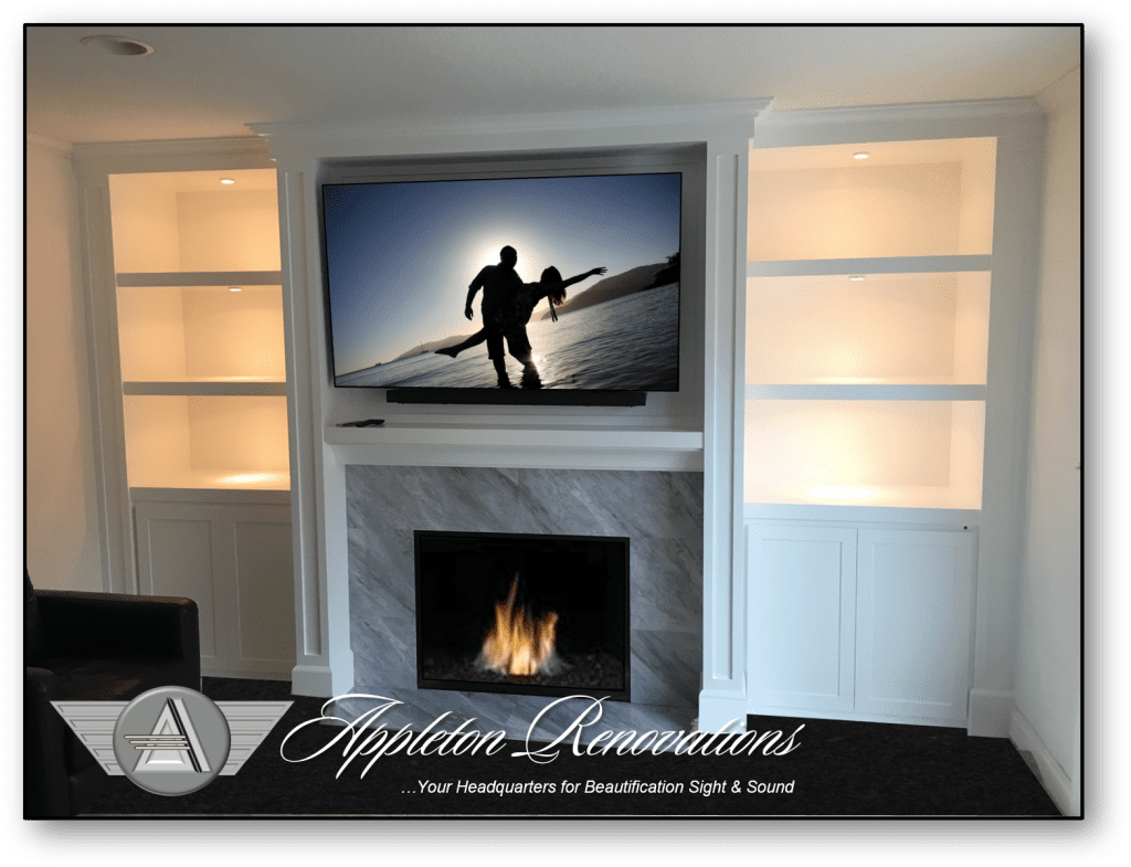 A television mounted above the fireplace in a living room.