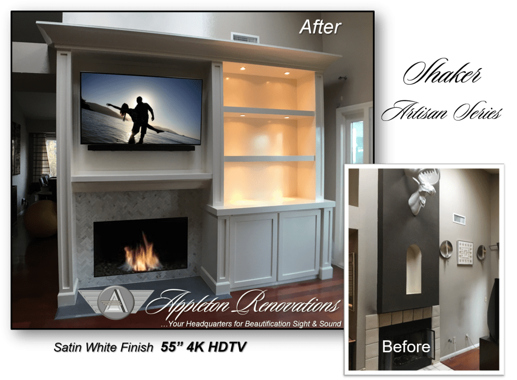 A before and after picture of the fireplace.