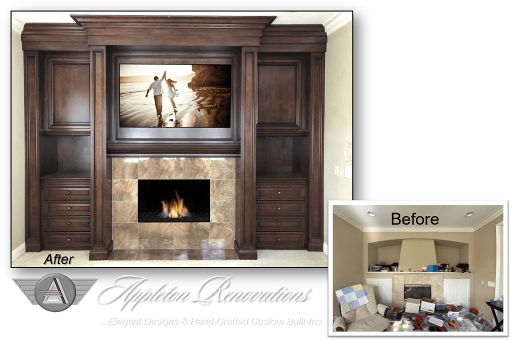 A fireplace with a television above it and before and after picture.