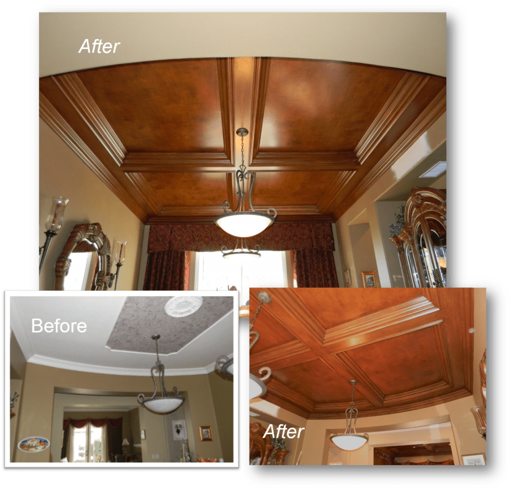 A before and after picture of the ceiling in a house.