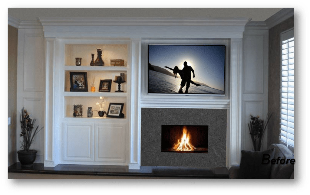 A living room with a fireplace and a television.