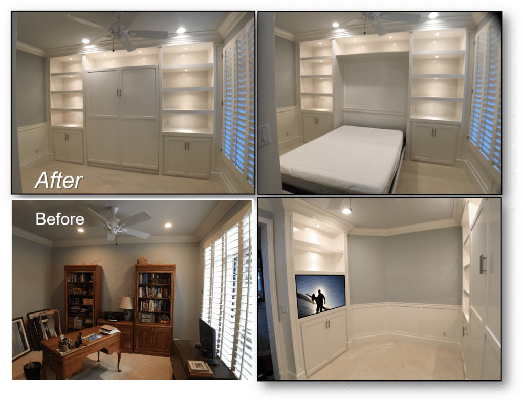 A before and after photo of a bedroom with built in shelving.