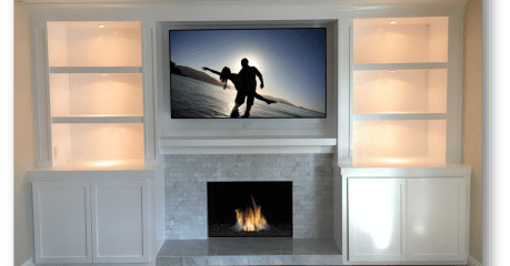 A fireplace with a television mounted above it.