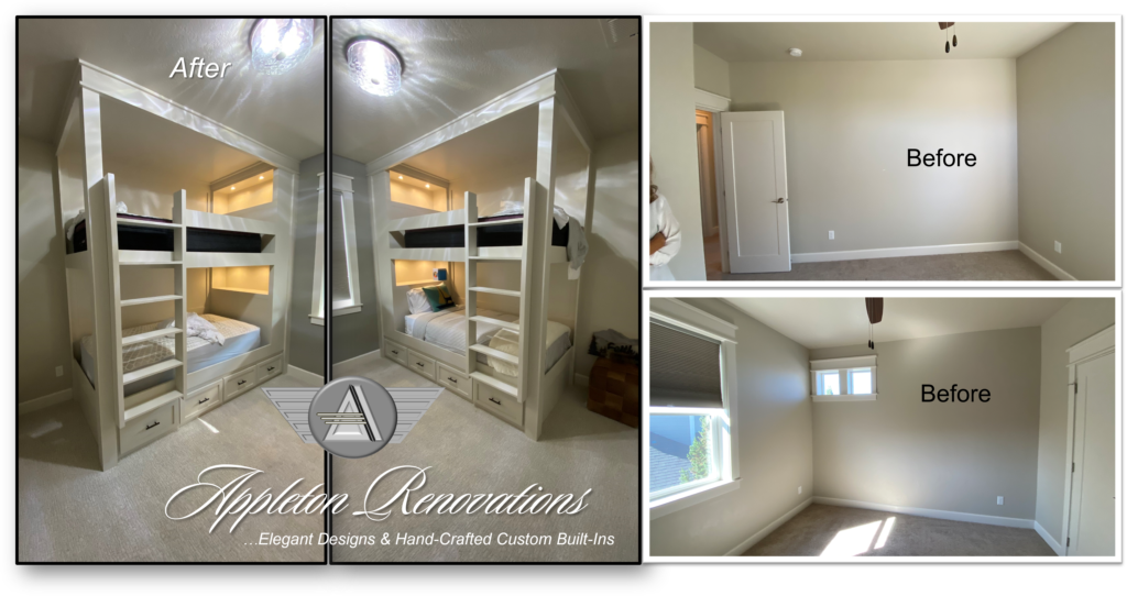 A collage of photos with the bottom picture showing a bedroom and bathroom.