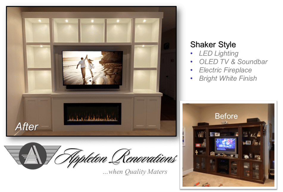 A before and after picture of the entertainment center.