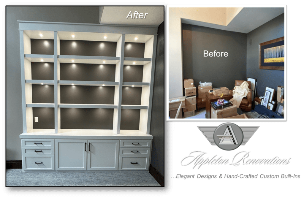 A before and after picture of the built in bookcase.