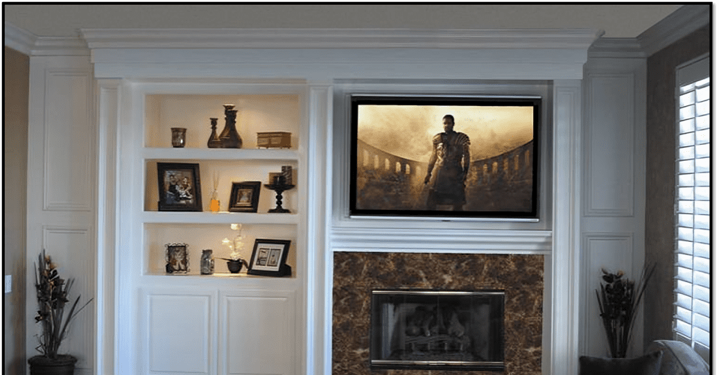 Living room with wall-mounted television and shelves.