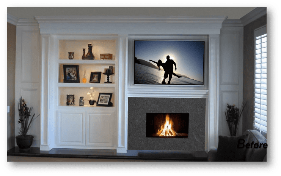 Living room with fireplace and TV display.