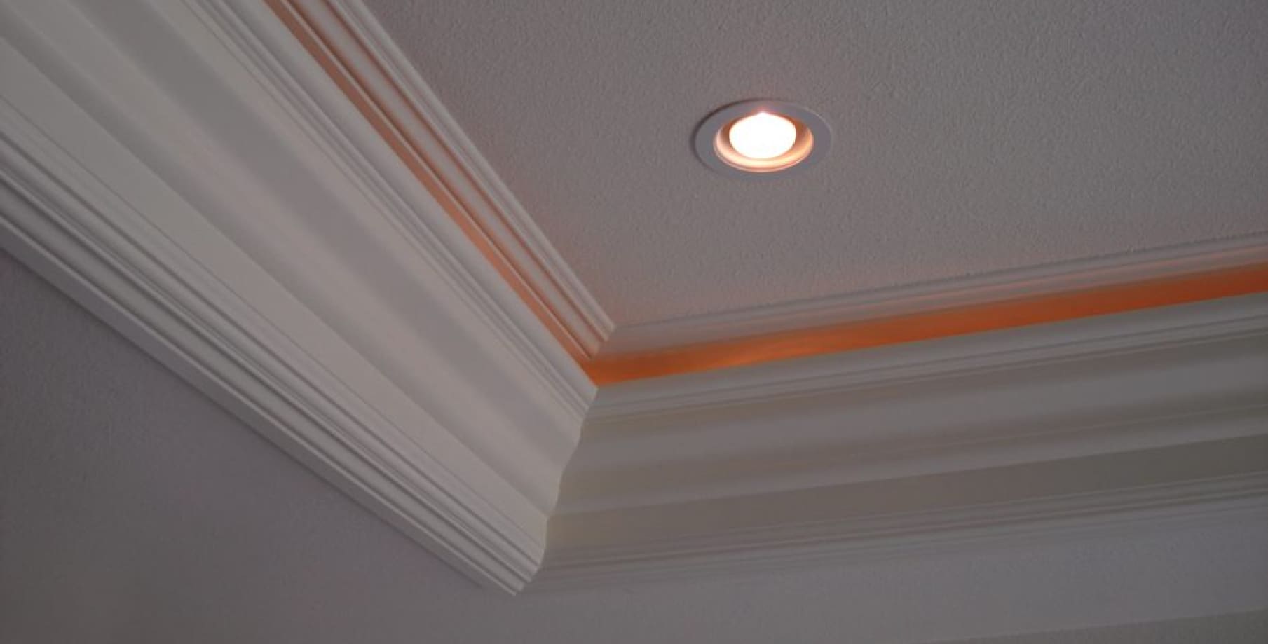 Ceiling with crown molding and recessed light.