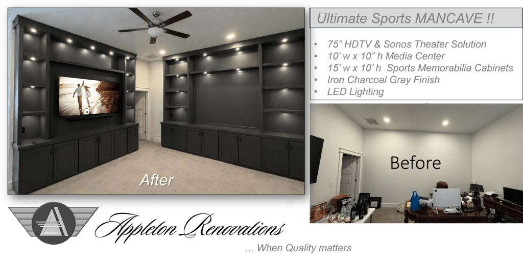 A living room should feel inviting and uncluttered. A custom entertainment center organizes electronics, hides cables and components, and creates a stunning focal point for the room. Because every piece is custom built for the space, the finished result looks natural, balanced, and truly built-in—not like furniture that was simply placed against a wall.