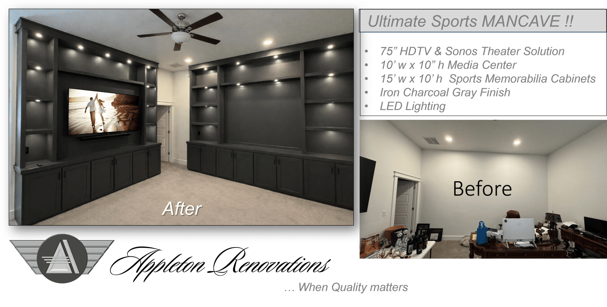 A living room should feel inviting and uncluttered. A custom entertainment center organizes electronics, hides cables and components, and creates a stunning focal point for the room. Because every piece is custom built for the space, the finished result looks natural, balanced, and truly built-in—not like furniture that was simply placed against a wall.