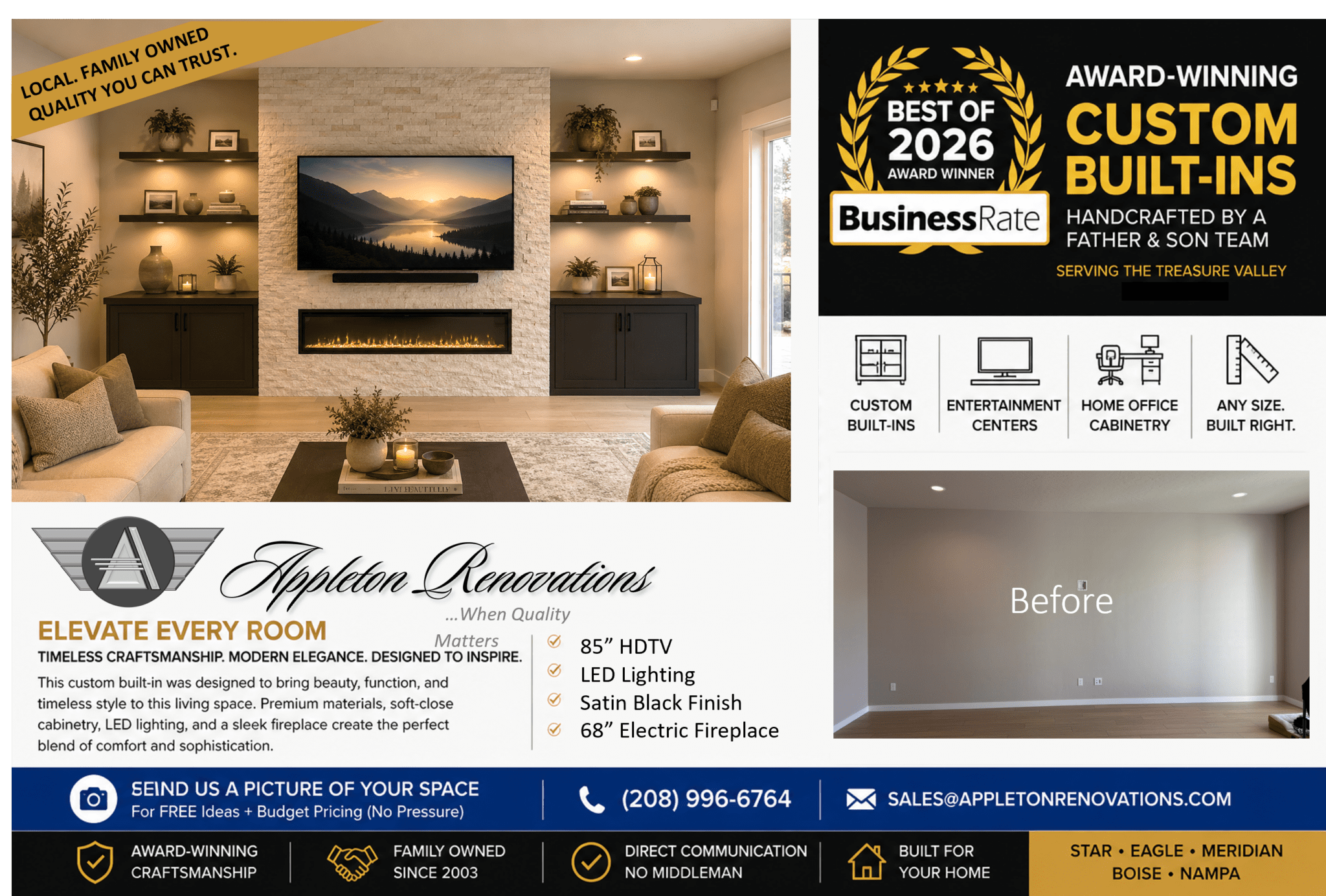 Custom Cabinets - Electric Fireplace - Floating Shelves -Star-Eagle-Meridian-Treasure Valley Idaho-AppletonRenovations 061526
