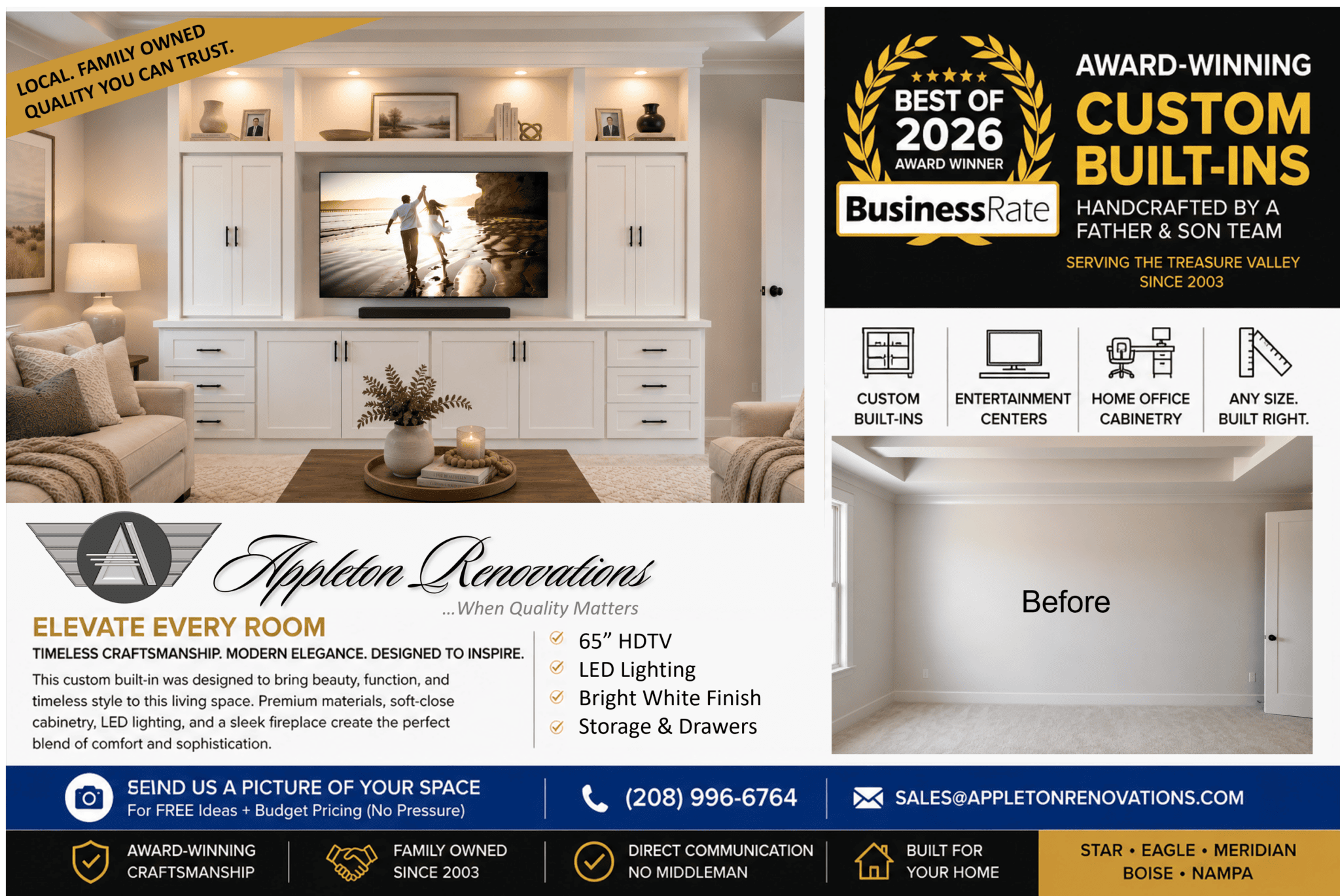 Custom Cabinets Entertainment Center - Star -Eagle -Bosie-Meridian-Treasure Valley Idaho - Appleton Renvovations 071426