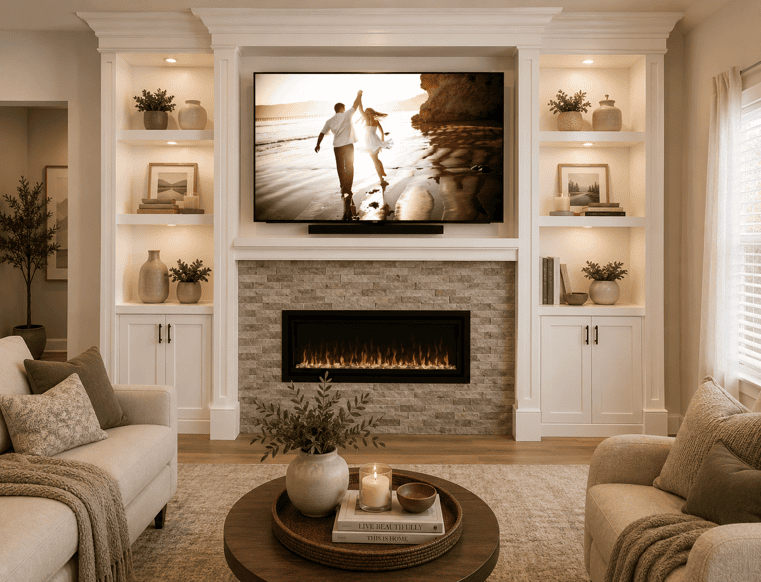 Custom Electric Fir place White Cabinets