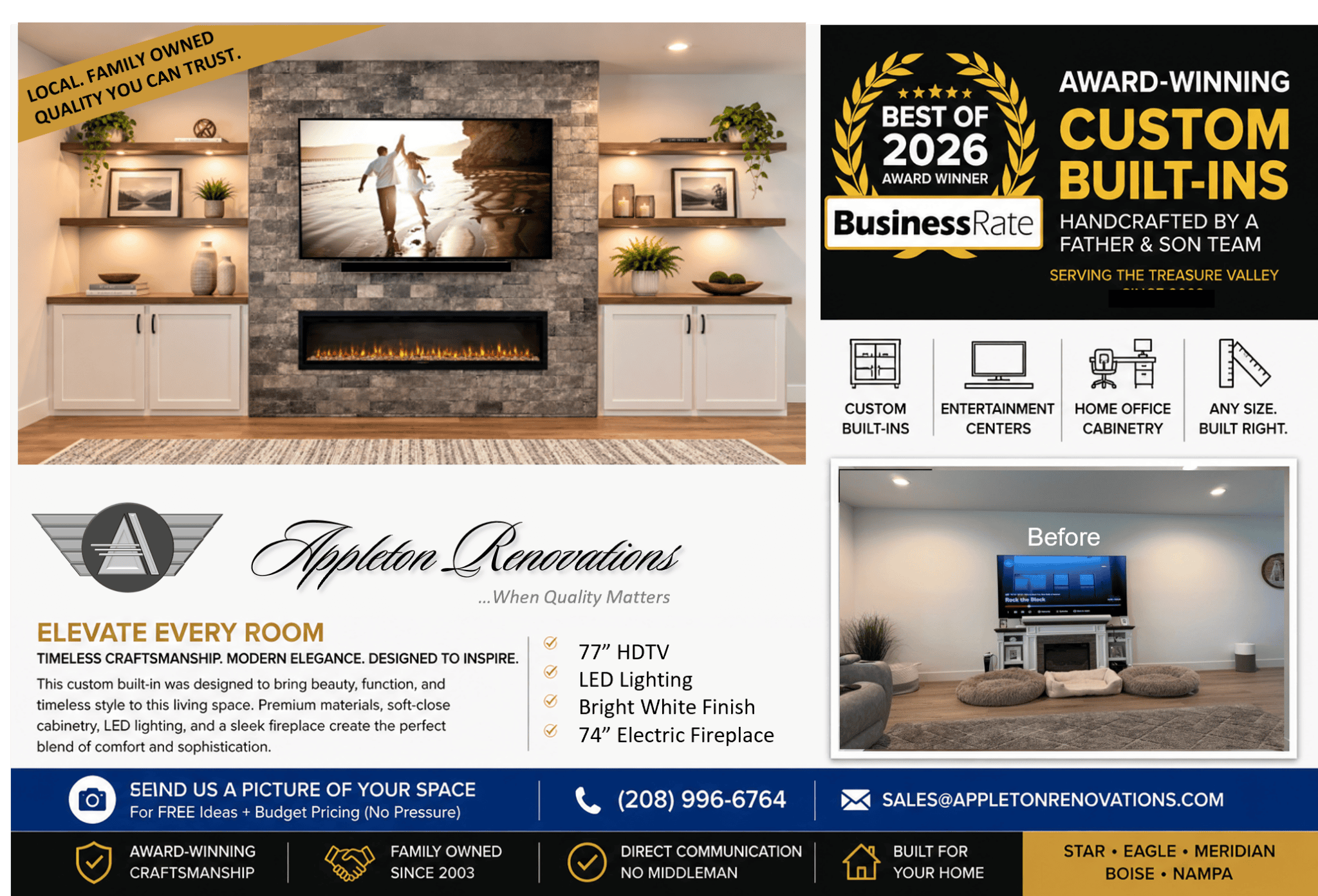 Appleton Custom Cabinets Electric Fireplace-Star-Eagle-Merdian-Boise-Middleton-Nampa-Kuna- Treasure Valley 2026 Award Ad 081026