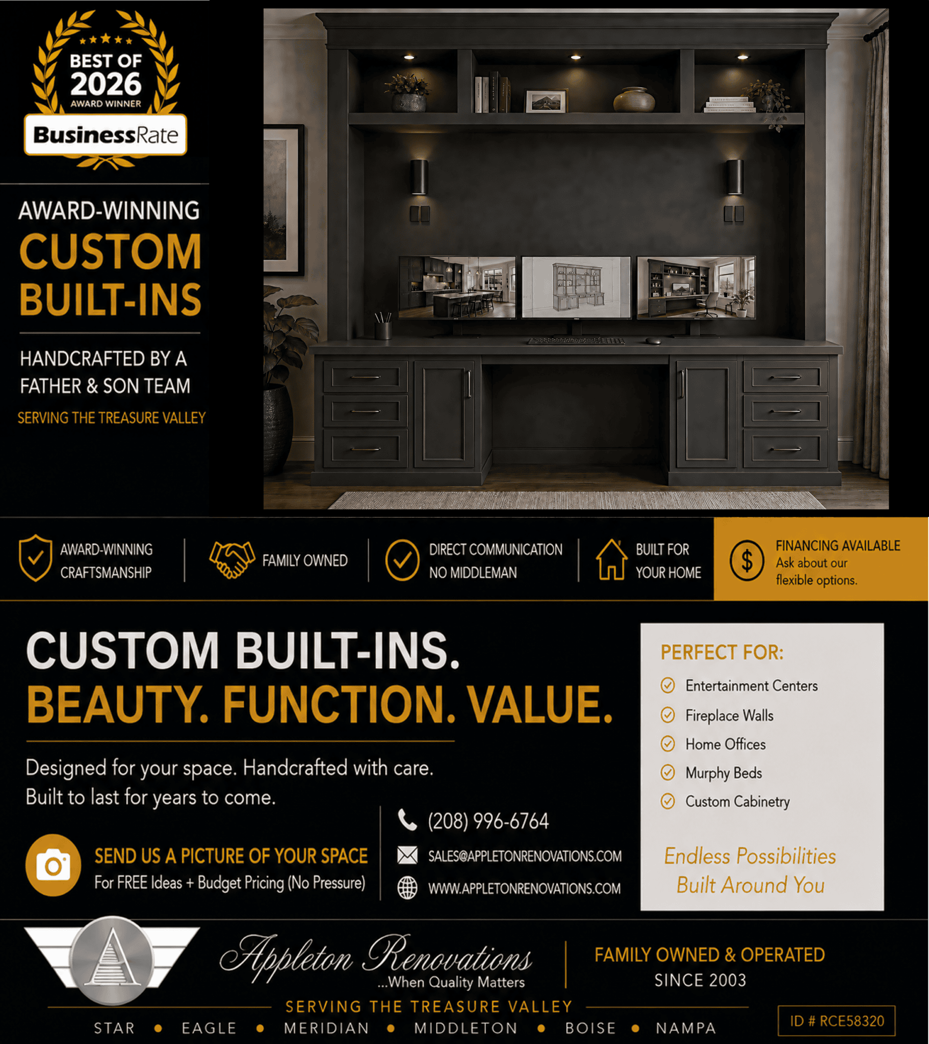 Appleton Custom Cabinets Office Workstation-Star-Eagle-Merdian-Boise-Middleton-Nampa-Kuna- Treasure Valley 2026 Award Ad 081026-01