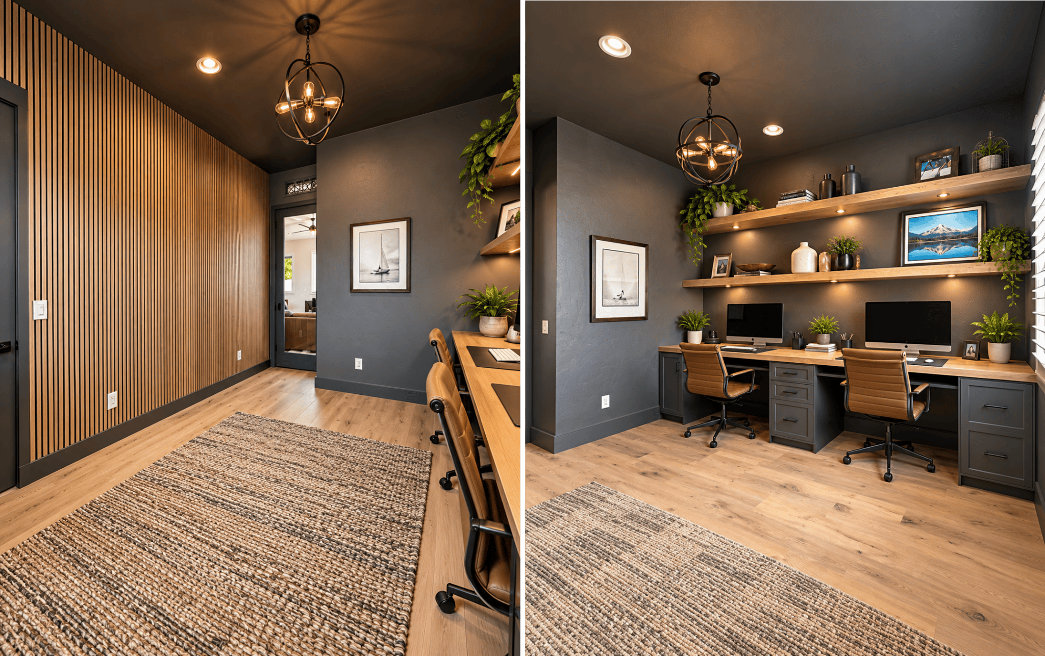 Completed dual-workstation home office with reeded feature wall in Star, Idaho