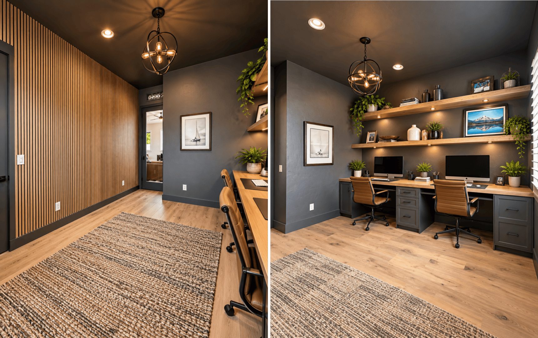 Completed dual-workstation home office with reeded feature wall in Star, Idaho