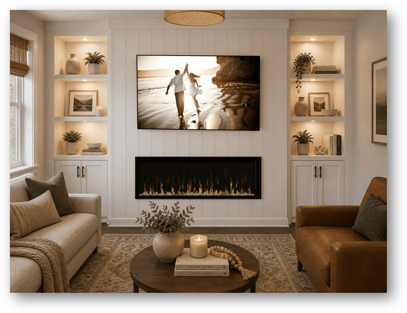 Completed custom electric fireplace entertainment center with white built-in cabinets in Star, Idaho