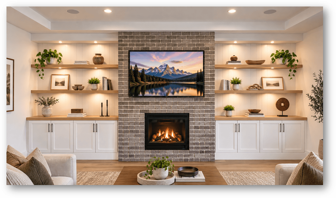 Completed custom fireplace entertainment center in Star, Idaho