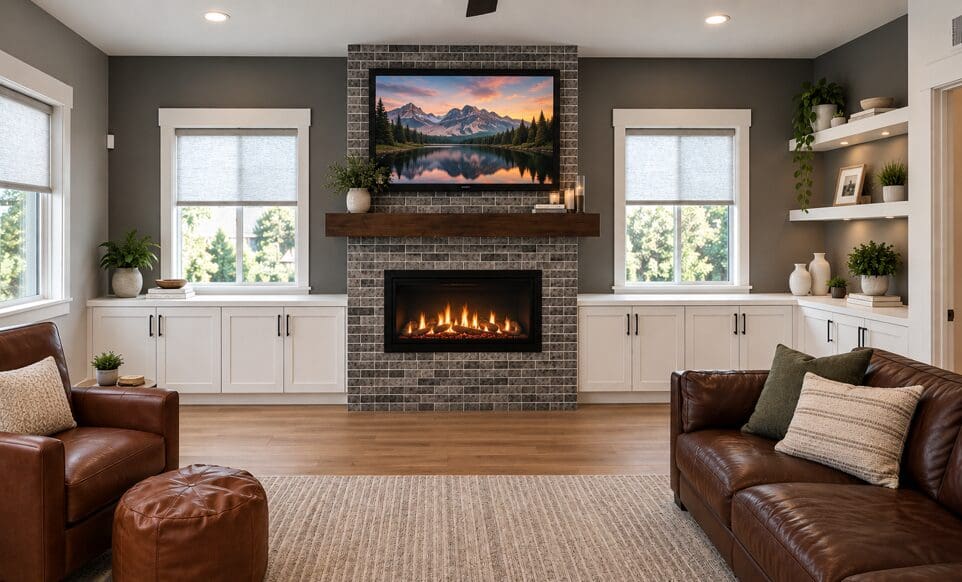 Completed custom fireplace wall built-ins with display shelving in Star, Idaho