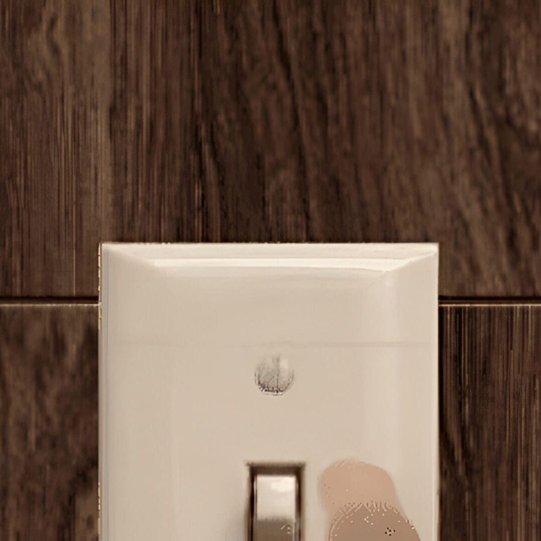 1 (1) Light switch on wooden wall background.